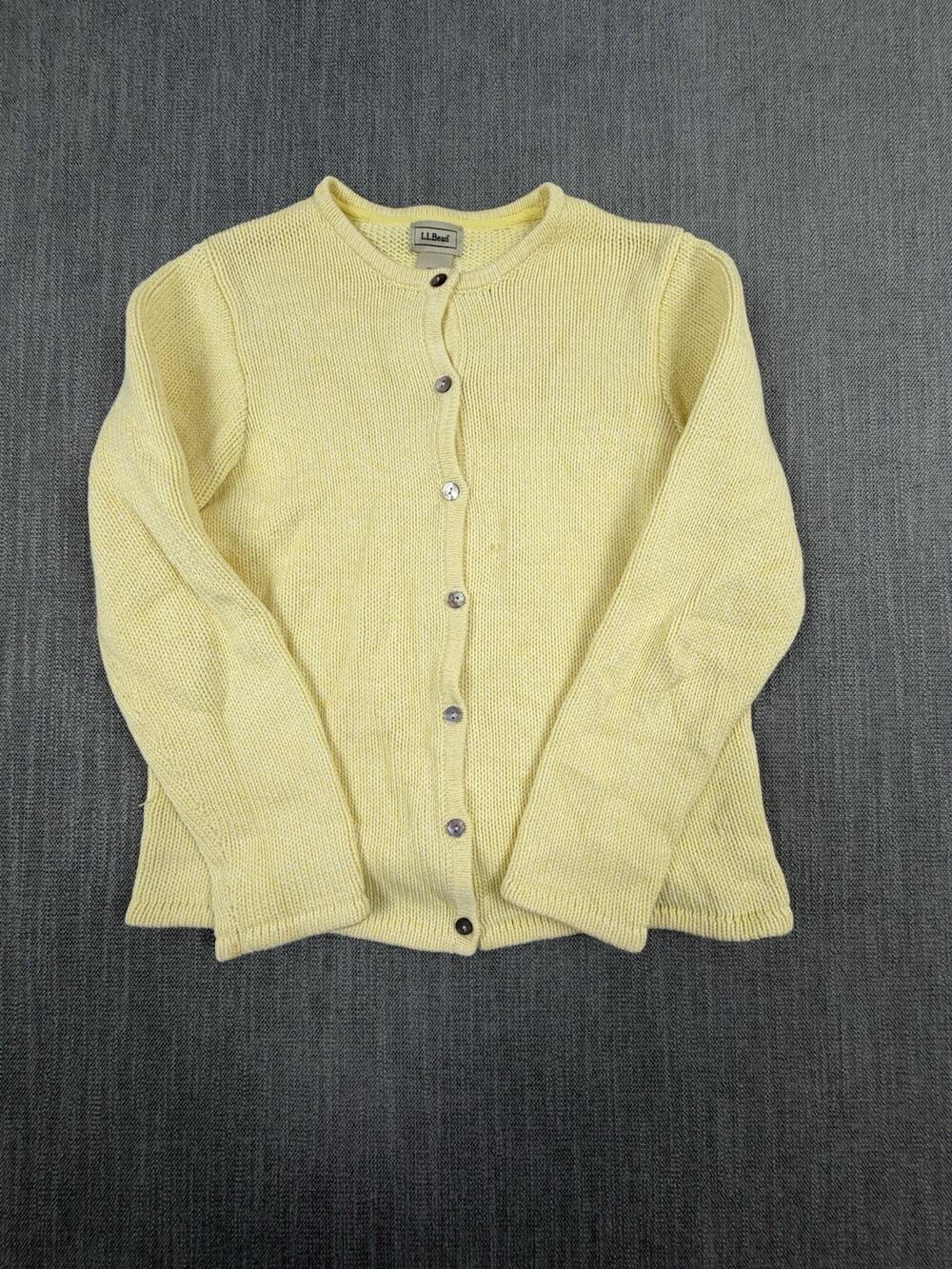 LL Bean Womens Cardigan Sweater Small Yellow Cotton Knit Button Front